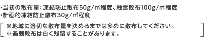 ・降雪前に散布する凍結防止散布工法では50g/㎡を散布。・計画的散布の場合は30g/㎡程度を散布。※地域にあった適切な散布量を決めるまでは多めに散布してください。